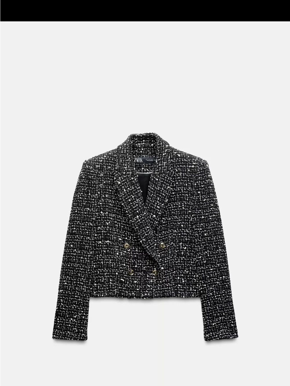 Zara Black & White Tweed Double-Breasted Cropped Blazer